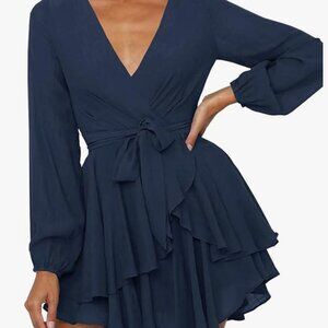 Casual V Neck Long Puff Sleeve T Shirt Dress Summer High Waist Smocked Mini